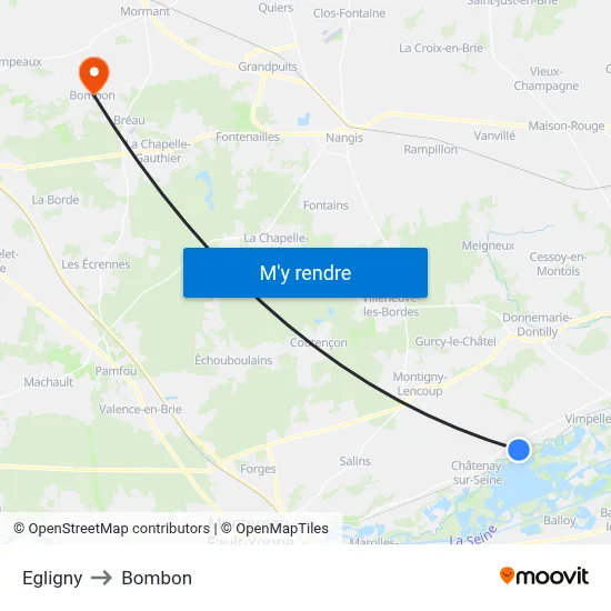 Egligny to Bombon map