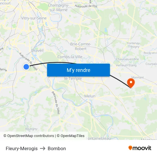Fleury-Merogis to Bombon map
