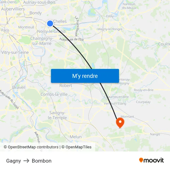 Gagny to Bombon map