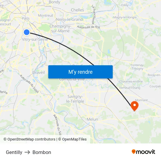 Gentilly to Bombon map