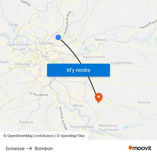 Gonesse to Bombon map