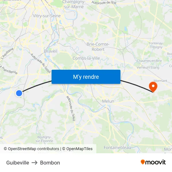Guibeville to Bombon map