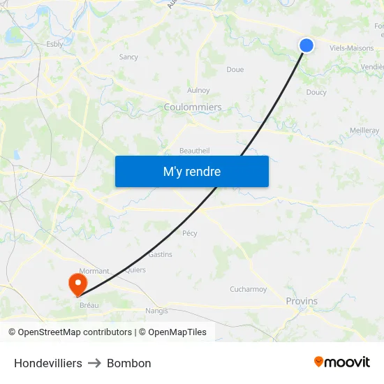 Hondevilliers to Bombon map