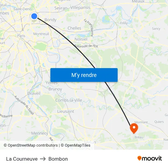 La Courneuve to Bombon map