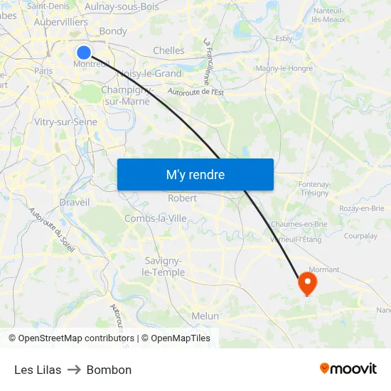 Les Lilas to Bombon map