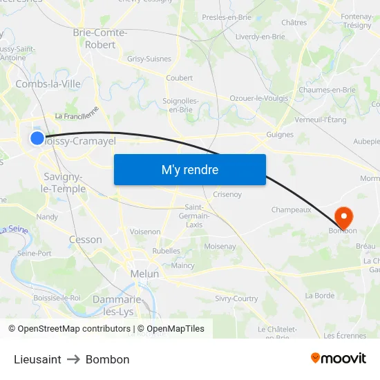 Lieusaint to Bombon map
