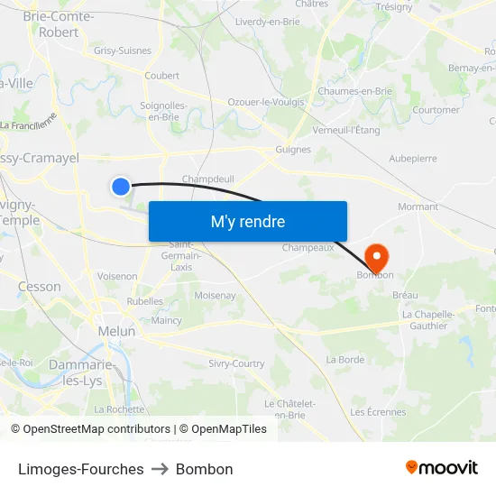 Limoges-Fourches to Bombon map