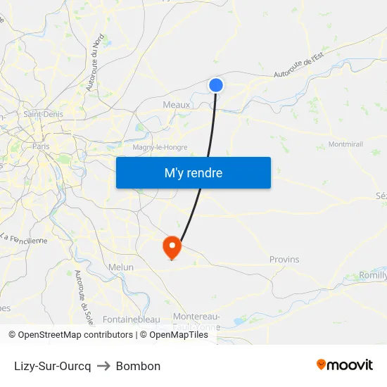 Lizy-Sur-Ourcq to Bombon map