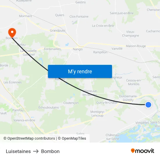 Luisetaines to Bombon map