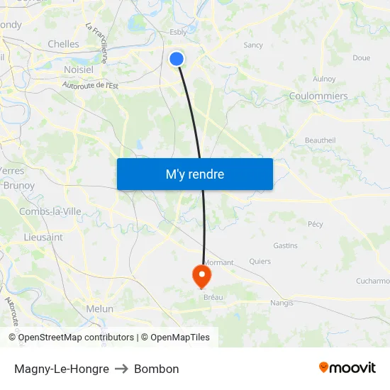 Magny-Le-Hongre to Bombon map