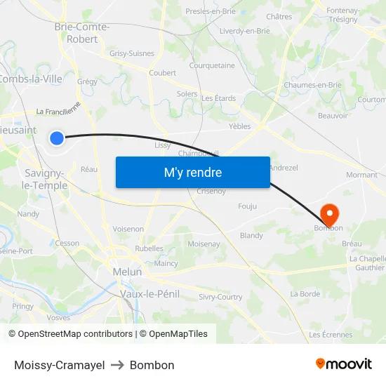 Moissy-Cramayel to Bombon map