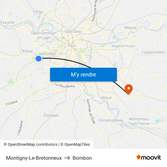 Montigny-Le-Bretonneux to Bombon map