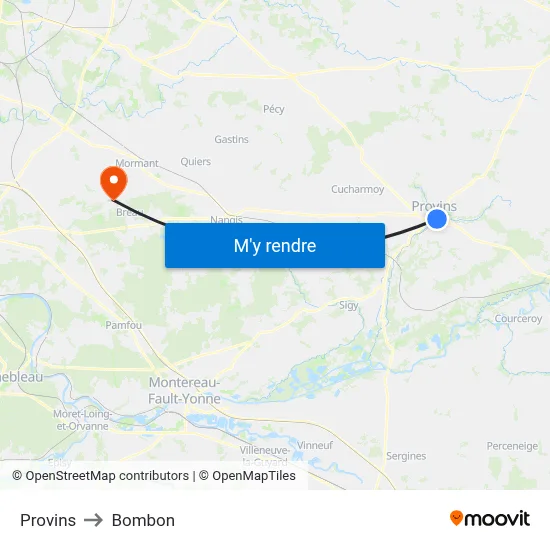 Provins to Bombon map