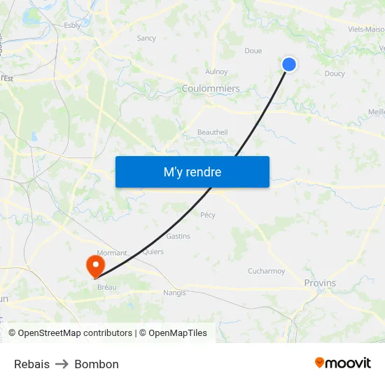 Rebais to Bombon map