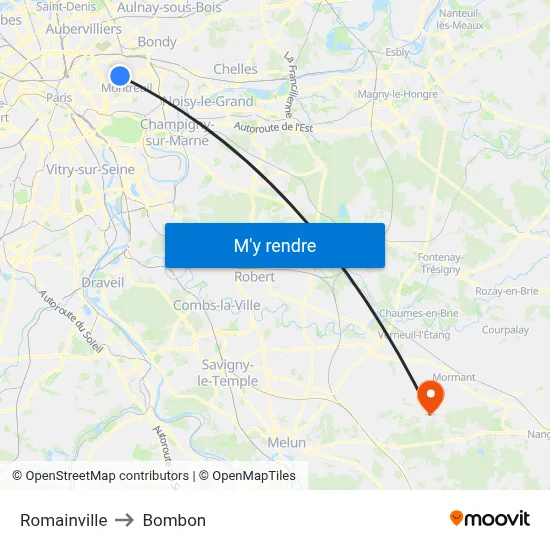 Romainville to Bombon map