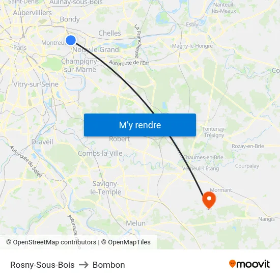 Rosny-Sous-Bois to Bombon map