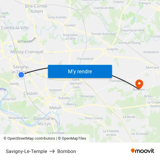Savigny-Le-Temple to Bombon map