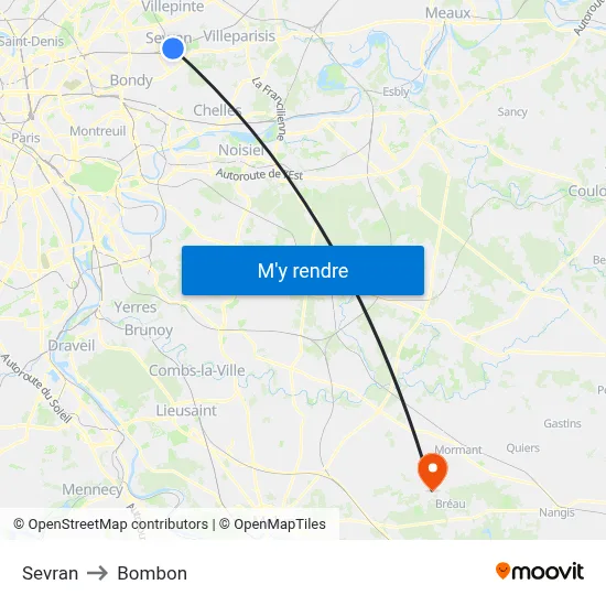 Sevran to Bombon map