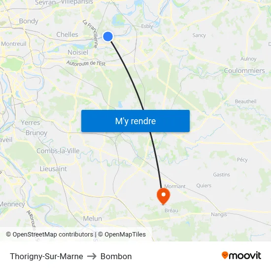 Thorigny-Sur-Marne to Bombon map
