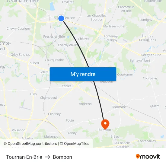 Tournan-En-Brie to Bombon map