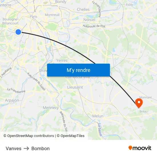 Vanves to Bombon map