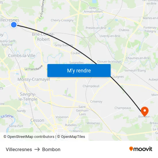 Villecresnes to Bombon map