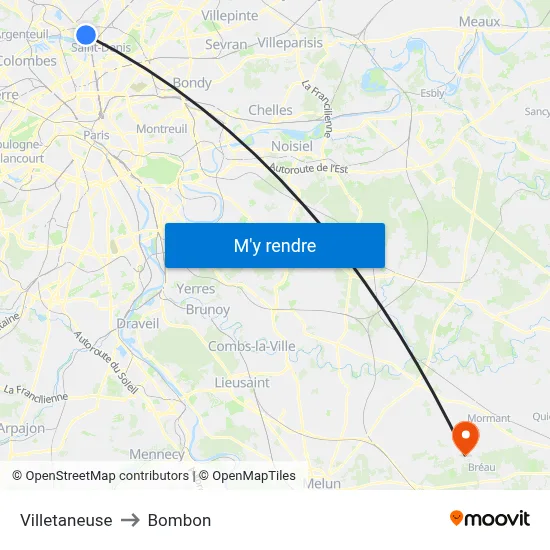 Villetaneuse to Bombon map