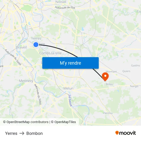 Yerres to Bombon map