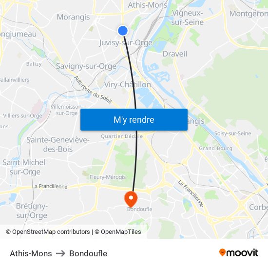 Athis-Mons to Bondoufle map