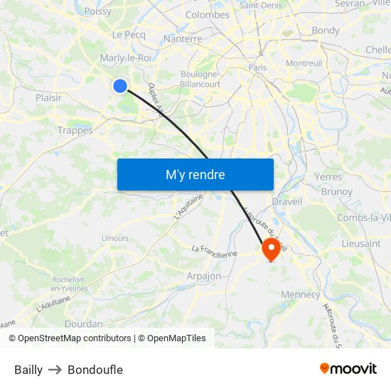Bailly to Bondoufle map