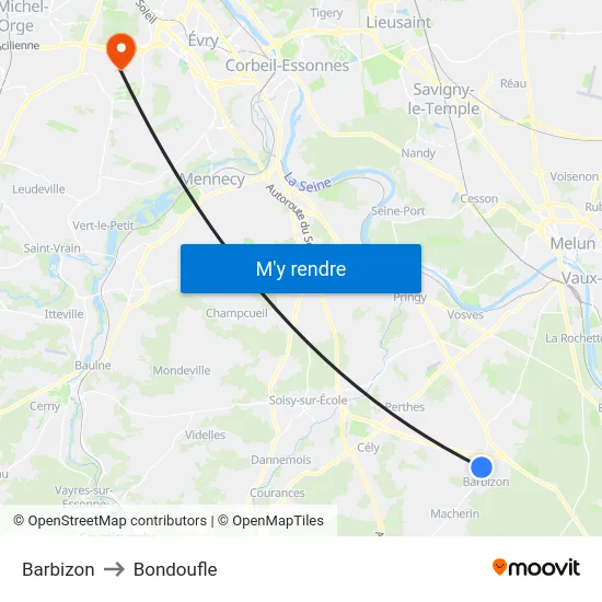 Barbizon to Bondoufle map