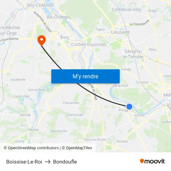 Boissise-Le-Roi to Bondoufle map