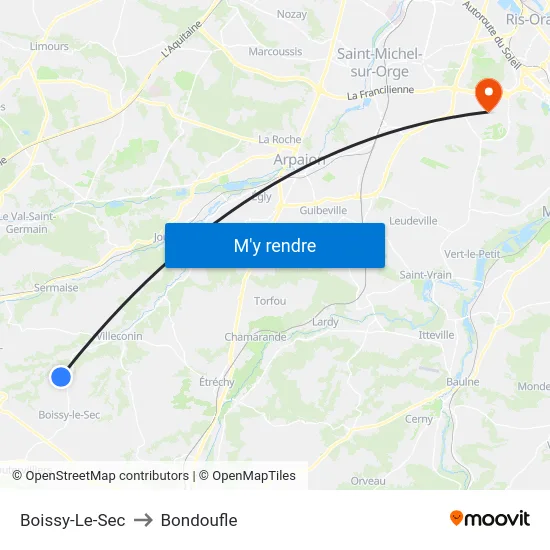 Boissy-Le-Sec to Bondoufle map