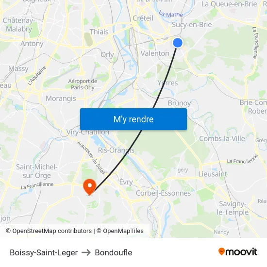 Boissy-Saint-Leger to Bondoufle map