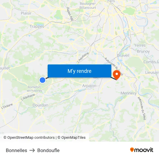 Bonnelles to Bondoufle map