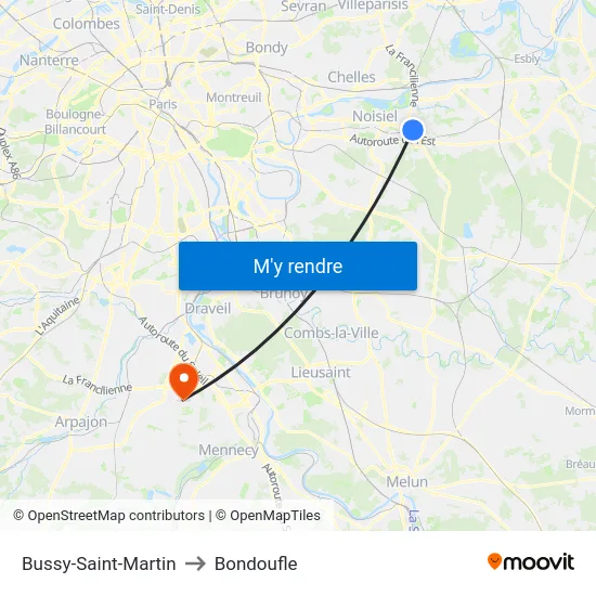 Bussy-Saint-Martin to Bondoufle map