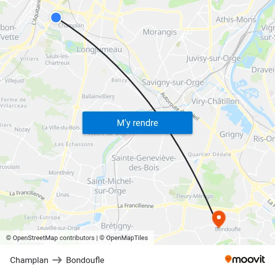 Champlan to Bondoufle map
