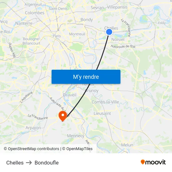 Chelles to Bondoufle map
