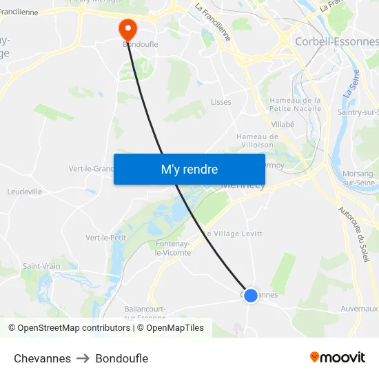Chevannes to Bondoufle map