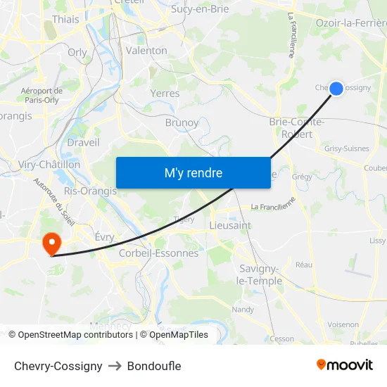 Chevry-Cossigny to Bondoufle map