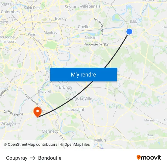 Coupvray to Bondoufle map