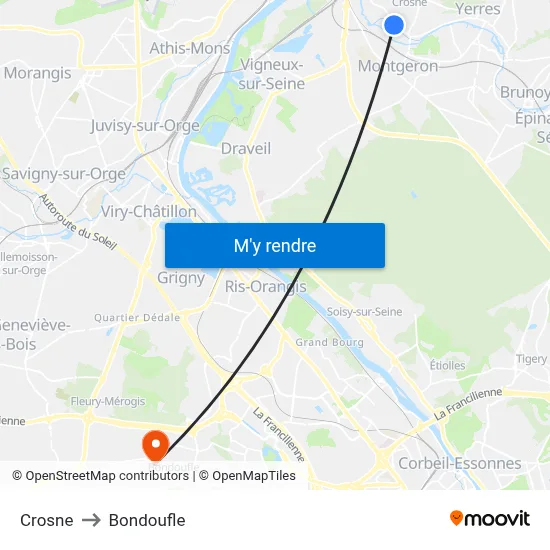 Crosne to Bondoufle map