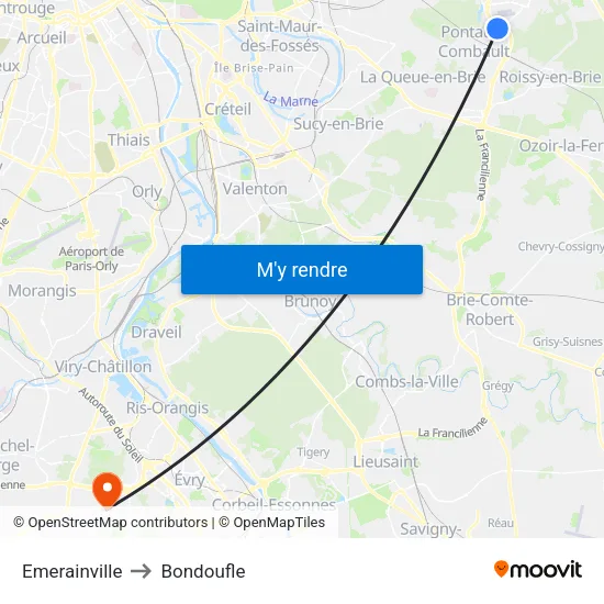 Emerainville to Bondoufle map