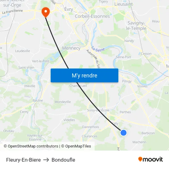 Fleury-En-Biere to Bondoufle map