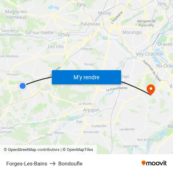 Forges-Les-Bains to Bondoufle map