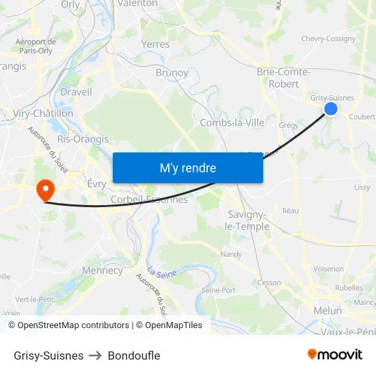Grisy-Suisnes to Bondoufle map