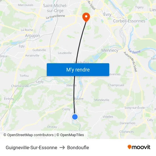 Guigneville-Sur-Essonne to Bondoufle map