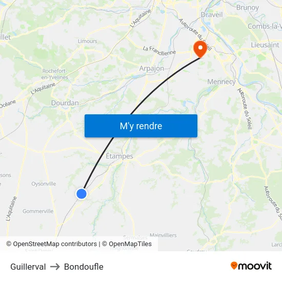 Guillerval to Bondoufle map