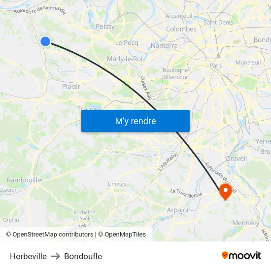 Herbeville to Bondoufle map