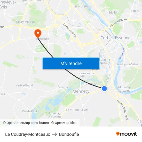 Le Coudray-Montceaux to Bondoufle map